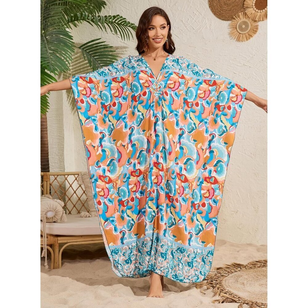 Women Blue Orange Floral V-neck Batwing Sleeve Flowy Split Bohemian Kaftan Dress - Picture 2 of 7